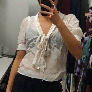 Off-White Sheer Blouse with Front Tie, Size S